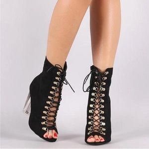Fashion Nova Black Faux Suede Lace Up Lucite Heeled Party Statement Booties